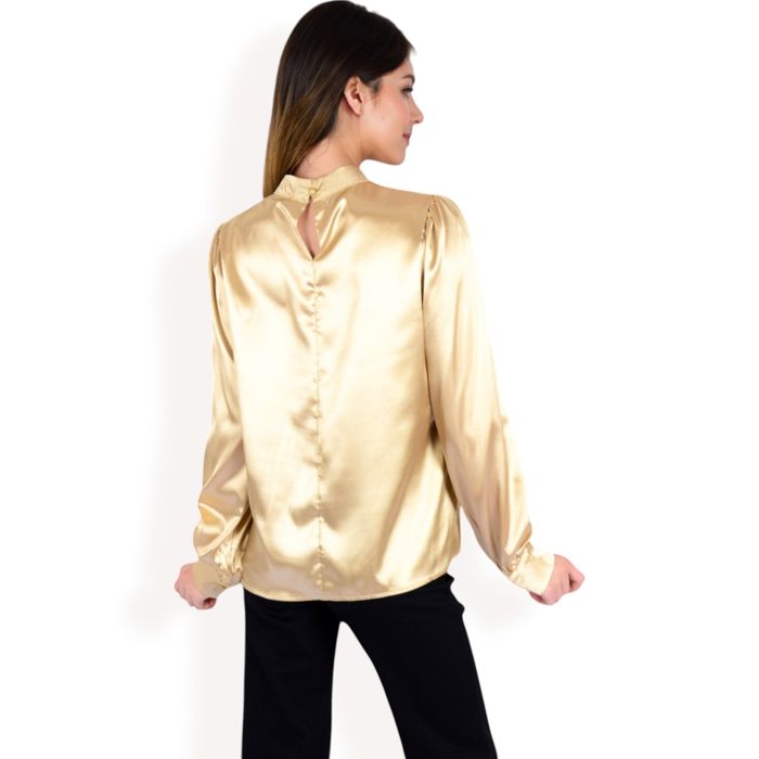 Women's Satin Long Sleeve Blouse with High Neck and Puff Sleeves