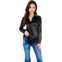 Black Large Women's Satin Button-Up Blouse with Collared Neck and Long Sleeves