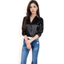 Black Large Women's Satin Button-Up Blouse with Collared Neck and Long Sleeves