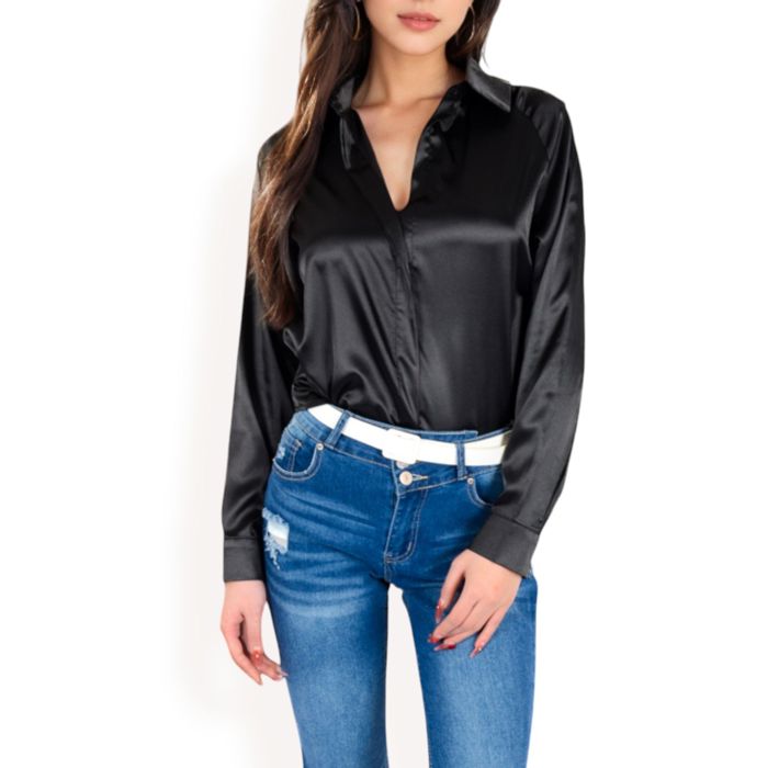 Women's Satin Button-Up Blouse with Collared Neck and Long Sleeves