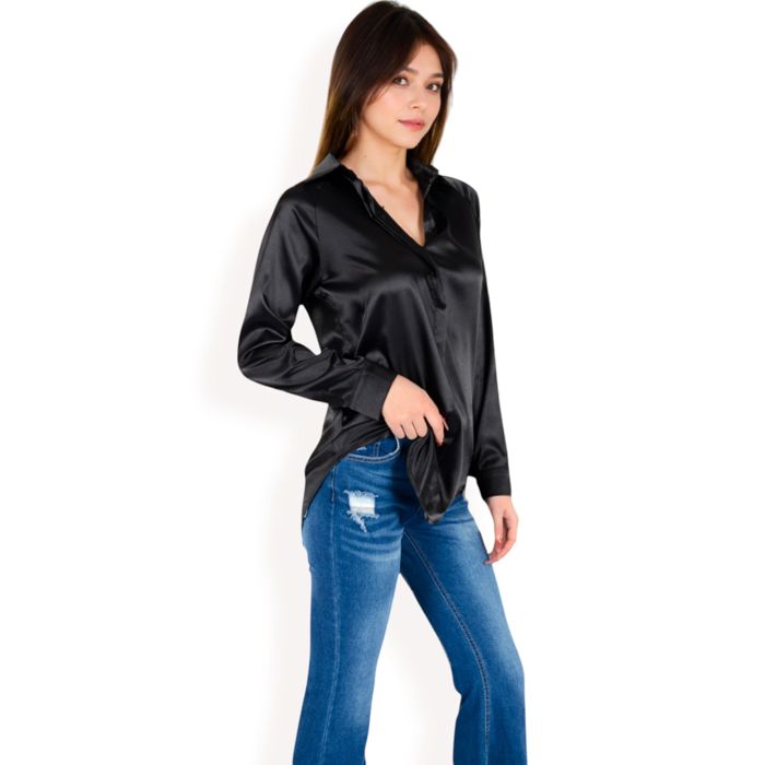 Women's Satin Button-Up Blouse with Collared Neck and Long Sleeves