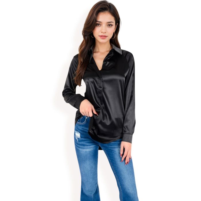 Women's Satin Button-Up Blouse with Collared Neck and Long Sleeves