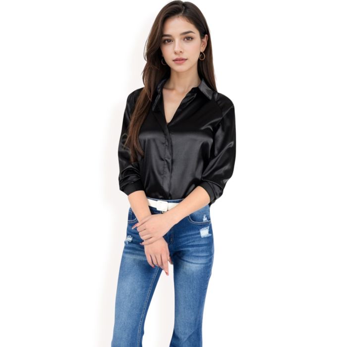 Women's Satin Button-Up Blouse with Collared Neck and Long Sleeves