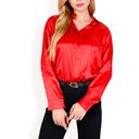 Red Medium Women's Satin Button-Up Blouse with Collared Neck and Long Sleeves