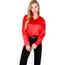 Red Medium Women's Satin Button-Up Blouse with Collared Neck and Long Sleeves