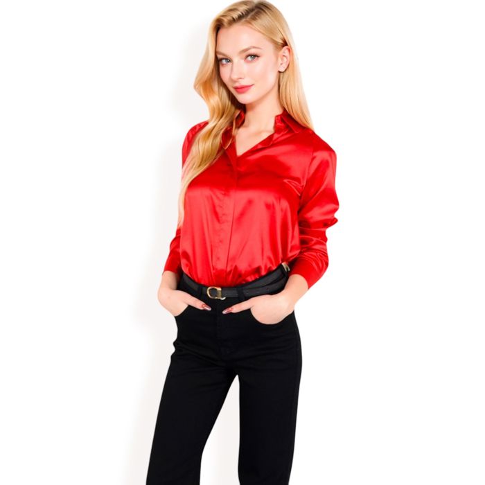 Women's Satin Button-Up Blouse with Collared Neck and Long Sleeves