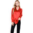 Red Medium Women's Satin Button-Up Blouse with Collared Neck and Long Sleeves