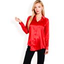 Red Medium Women's Satin Button-Up Blouse with Collared Neck and Long Sleeves