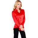 Red Medium Women's Satin Button-Up Blouse with Collared Neck and Long Sleeves