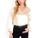 Beige Small Women's Satin Button-Up Blouse with Collared Neck and Long Sleeves