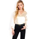 Beige Small Women's Satin Button-Up Blouse with Collared Neck and Long Sleeves