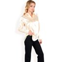 Beige Small Women's Satin Button-Up Blouse with Collared Neck and Long Sleeves