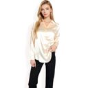 Beige Small Women's Satin Button-Up Blouse with Collared Neck and Long Sleeves