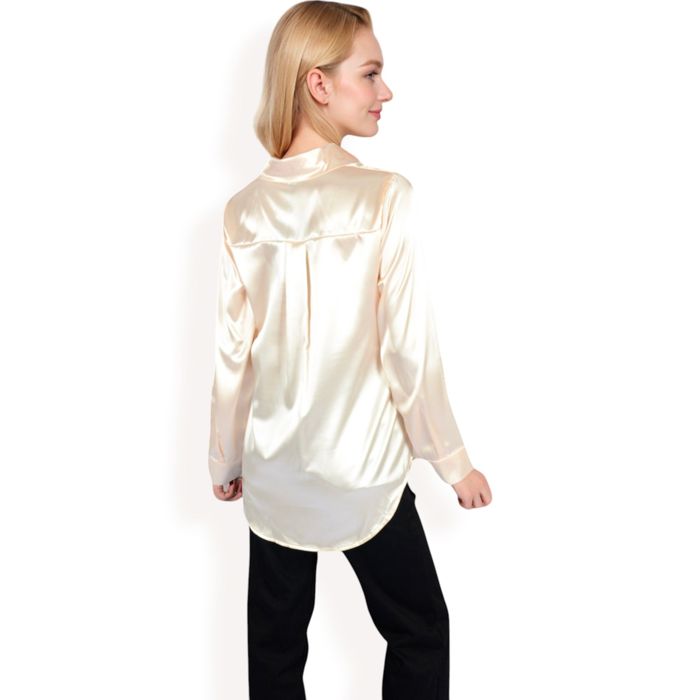 Women's Satin Button-Up Blouse with Collared Neck and Long Sleeves