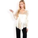 Beige Small Women's Satin Button-Up Blouse with Collared Neck and Long Sleeves