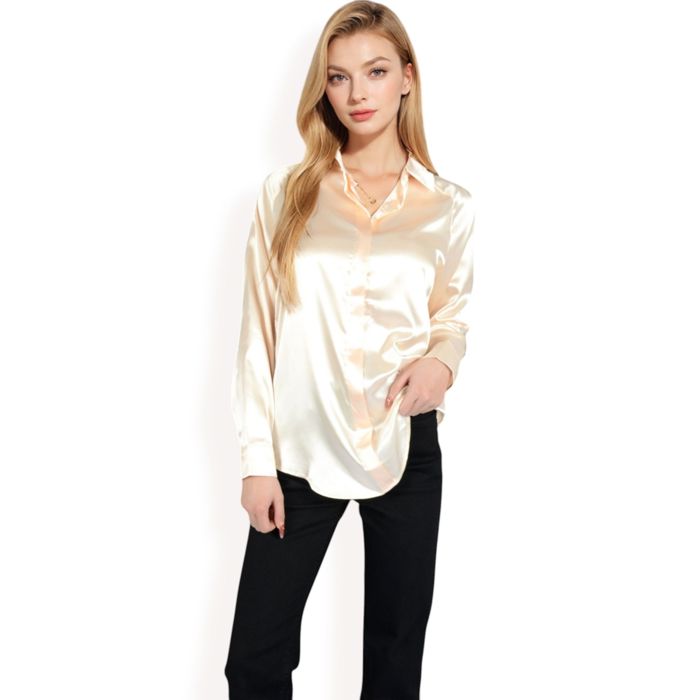 Women's Satin Button-Up Blouse with Collared Neck and Long Sleeves