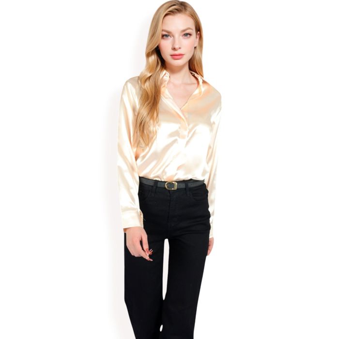 Women's Satin Button-Up Blouse with Collared Neck and Long Sleeves