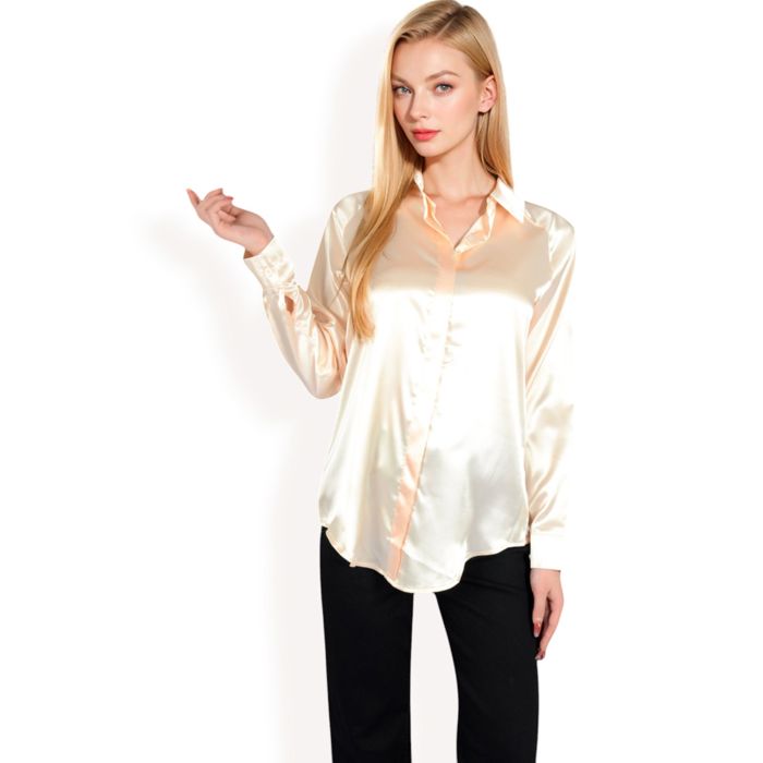 Women's Satin Button-Up Blouse with Collared Neck and Long Sleeves