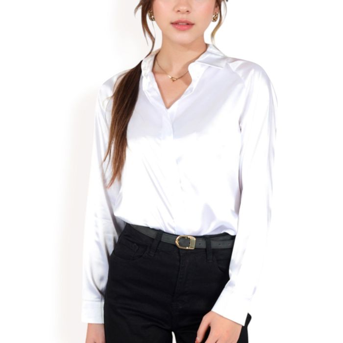 Women's Satin Button-Up Blouse with Collared Neck and Long Sleeves