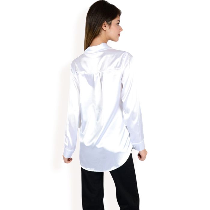 Women's Satin Button-Up Blouse with Collared Neck and Long Sleeves