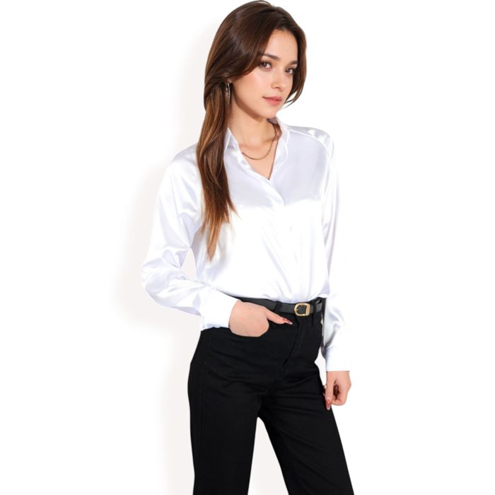 Women's Satin Button-Up Blouse with Collared Neck and Long Sleeves