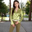 Green Large Women's Satin Button-Up Shirt with Collar and Flared Cuffs