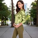 Green Large Women's Satin Button-Up Shirt with Collar and Flared Cuffs