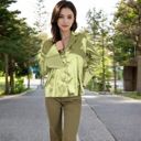 Green Large Women's Satin Button-Up Shirt with Collar and Flared Cuffs