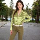 Green Large Women's Satin Button-Up Shirt with Collar and Flared Cuffs