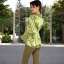 Green Large Women's Satin Button-Up Shirt with Collar and Flared Cuffs