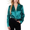 Blue Large Women's Satin Button-Up Shirt with Collar and Flared Cuffs