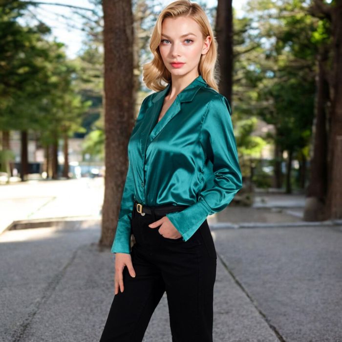 Women's Satin Button-Up Shirt with Collar and Flared Cuffs