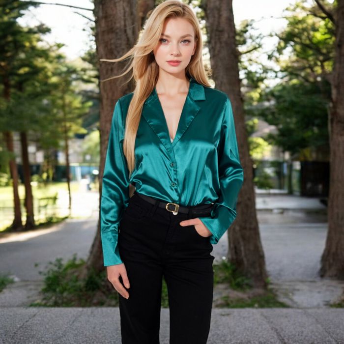 Women's Satin Button-Up Shirt with Collar and Flared Cuffs