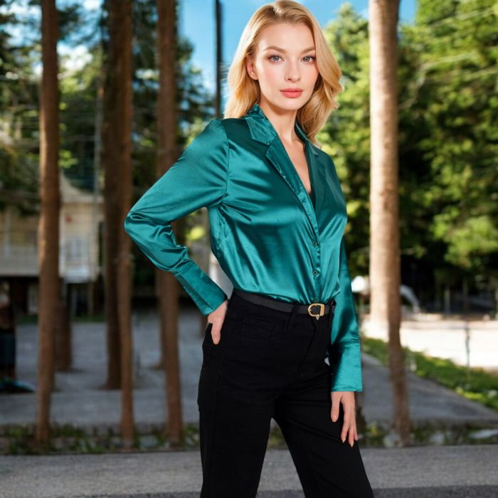 Women's Satin Button-Up Shirt with Collar and Flared Cuffs