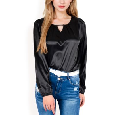 Women's Satin Blouse with Keyhole Neckline and Long Sleeves