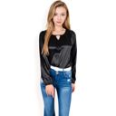 Black Large Women's Satin Blouse with Keyhole Neckline and Long Sleeves