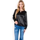 Black Large Women's Satin Blouse with Keyhole Neckline and Long Sleeves