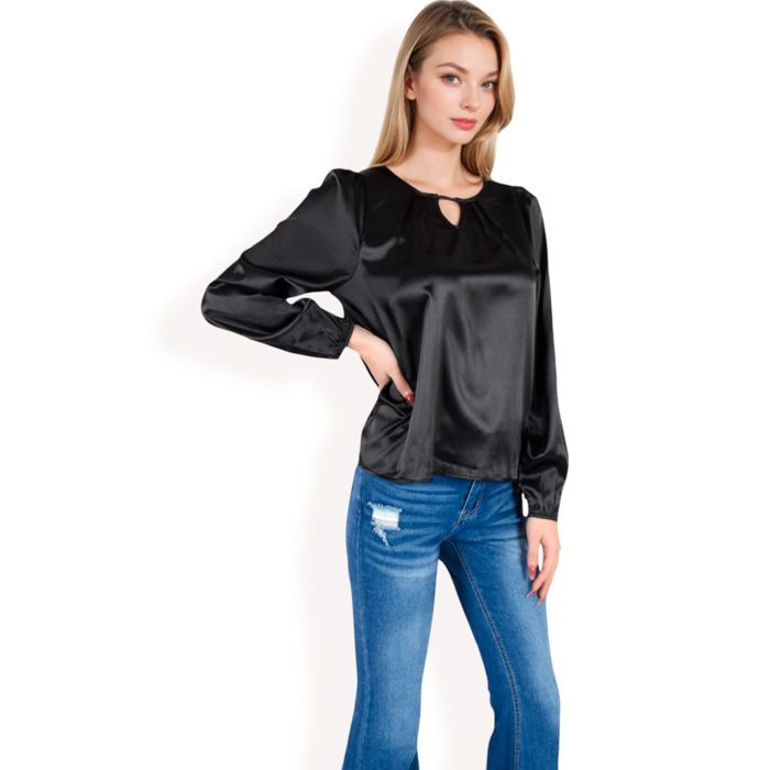 Women's Satin Blouse with Keyhole Neckline and Long Sleeves