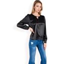 Black Medium Women's Satin Blouse with Keyhole Neckline and Long Sleeves