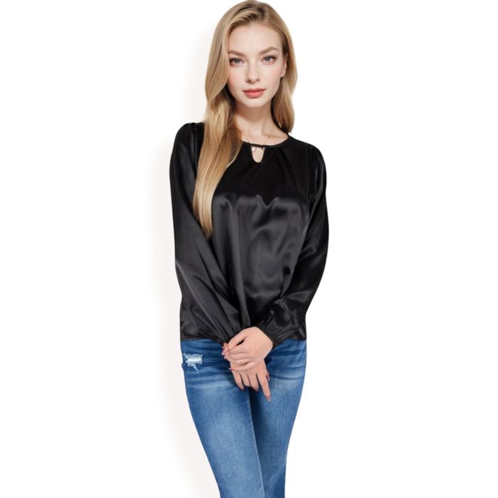 Women's Satin Blouse with Keyhole Neckline and Long Sleeves