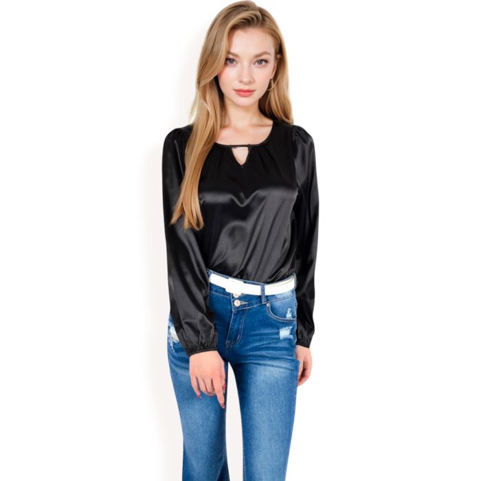 Women's Satin Blouse with Keyhole Neckline and Long Sleeves