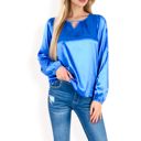 Blue Large Women's Satin Blouse with Keyhole Neckline and Long Sleeves