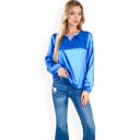 Blue Large Women's Satin Blouse with Keyhole Neckline and Long Sleeves