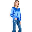 Blue Large Women's Satin Blouse with Keyhole Neckline and Long Sleeves