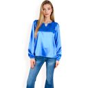 Blue Large Women's Satin Blouse with Keyhole Neckline and Long Sleeves