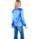 Blue Large Women's Satin Blouse with Keyhole Neckline and Long Sleeves