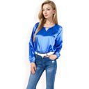 Blue Large Women's Satin Blouse with Keyhole Neckline and Long Sleeves