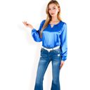 Blue Large Women's Satin Blouse with Keyhole Neckline and Long Sleeves