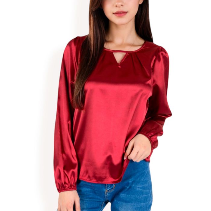 Women's Satin Blouse with Keyhole Neckline and Long Sleeves