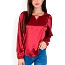 Red Large Women's Satin Blouse with Keyhole Neckline and Long Sleeves